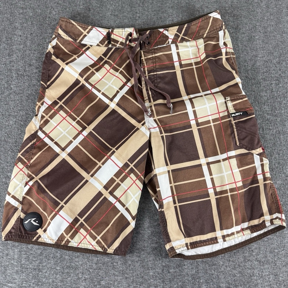 Rusty Board Shorts Mens 34 Brown Plaid Surf Swim Trunks Cargo Pocket